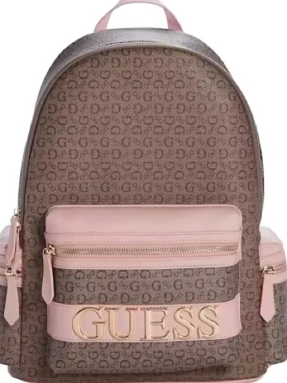 Guess Brown Logo Backpack with Pink Trim and Gold Hardware